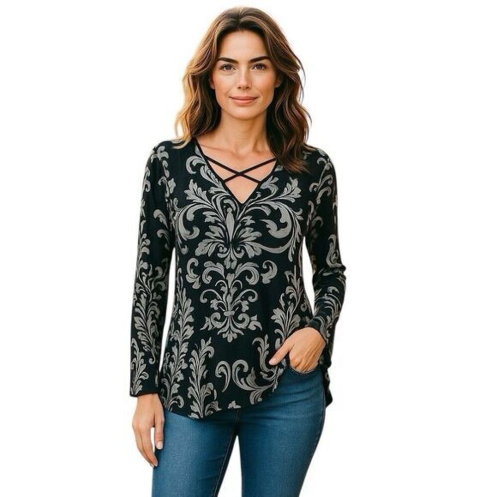 Lovely J Womens Blouse Sz Medium V Neckline Paisley Boho Chic Bohemian Retro